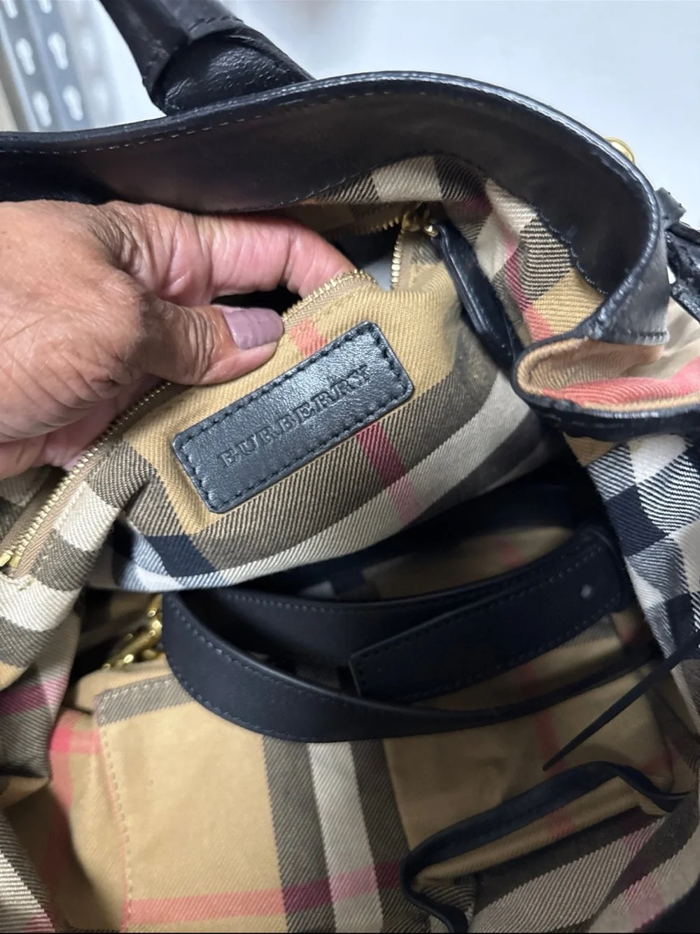 Burberry Black Leather Tote with Haymarket Check Sides